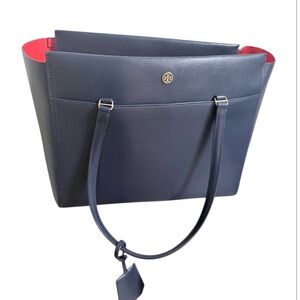 Tory Burch Navy Leather Tote with Red Interior Accent